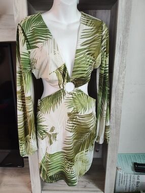 Forever 21 Tropical Green Palm Cutout Mini  Beach Dress SZ L